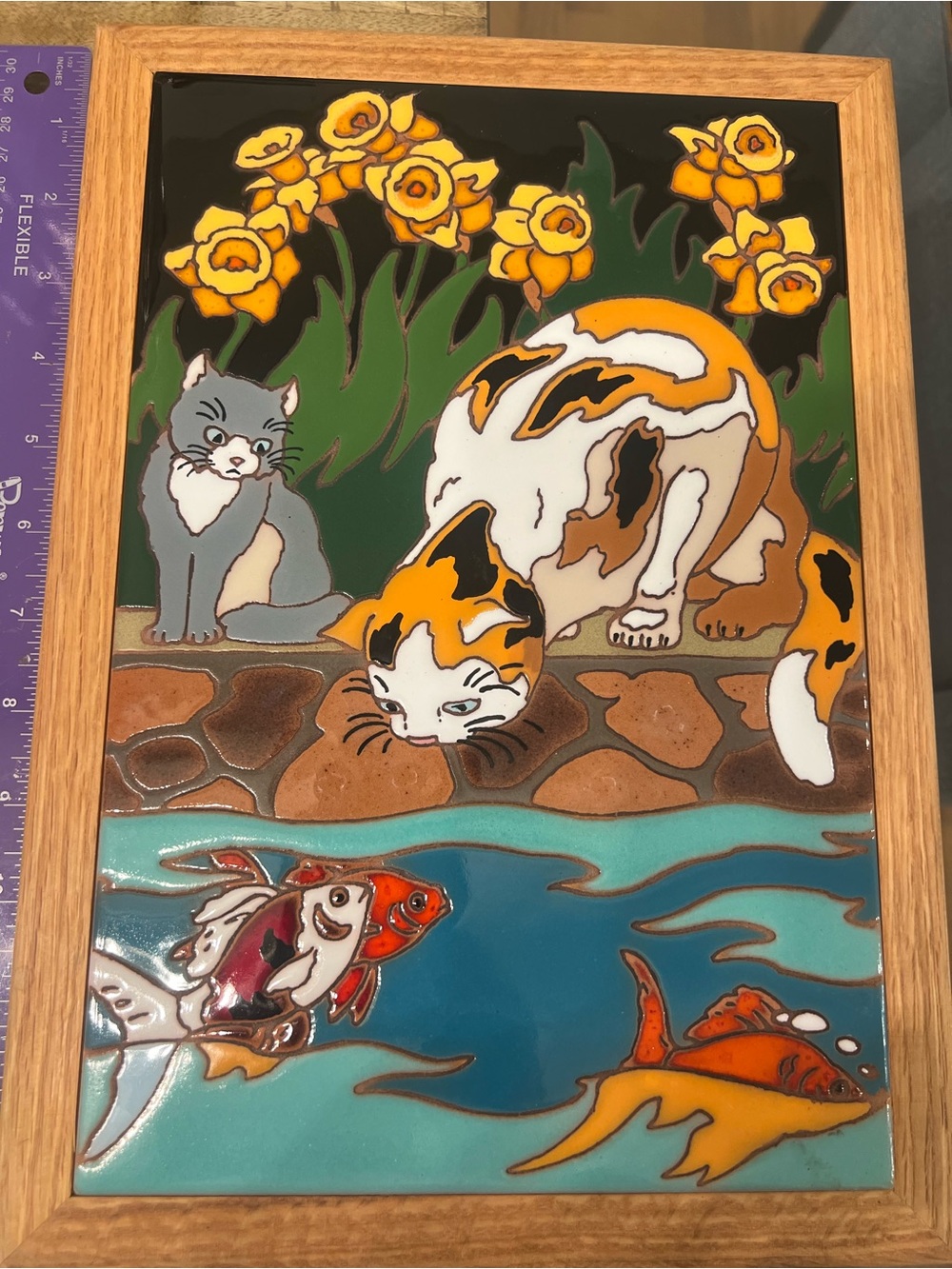 Large Koi fish & Cats vintage, hand-painted ceramic art tile by Arius Tile compa - Picture 2 of 5
